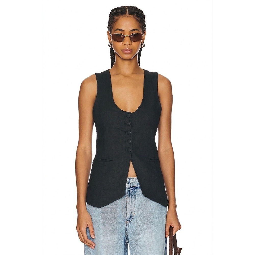 Free People Tailored Vest Women M Black Linen Blend Button Front Scoop Neck